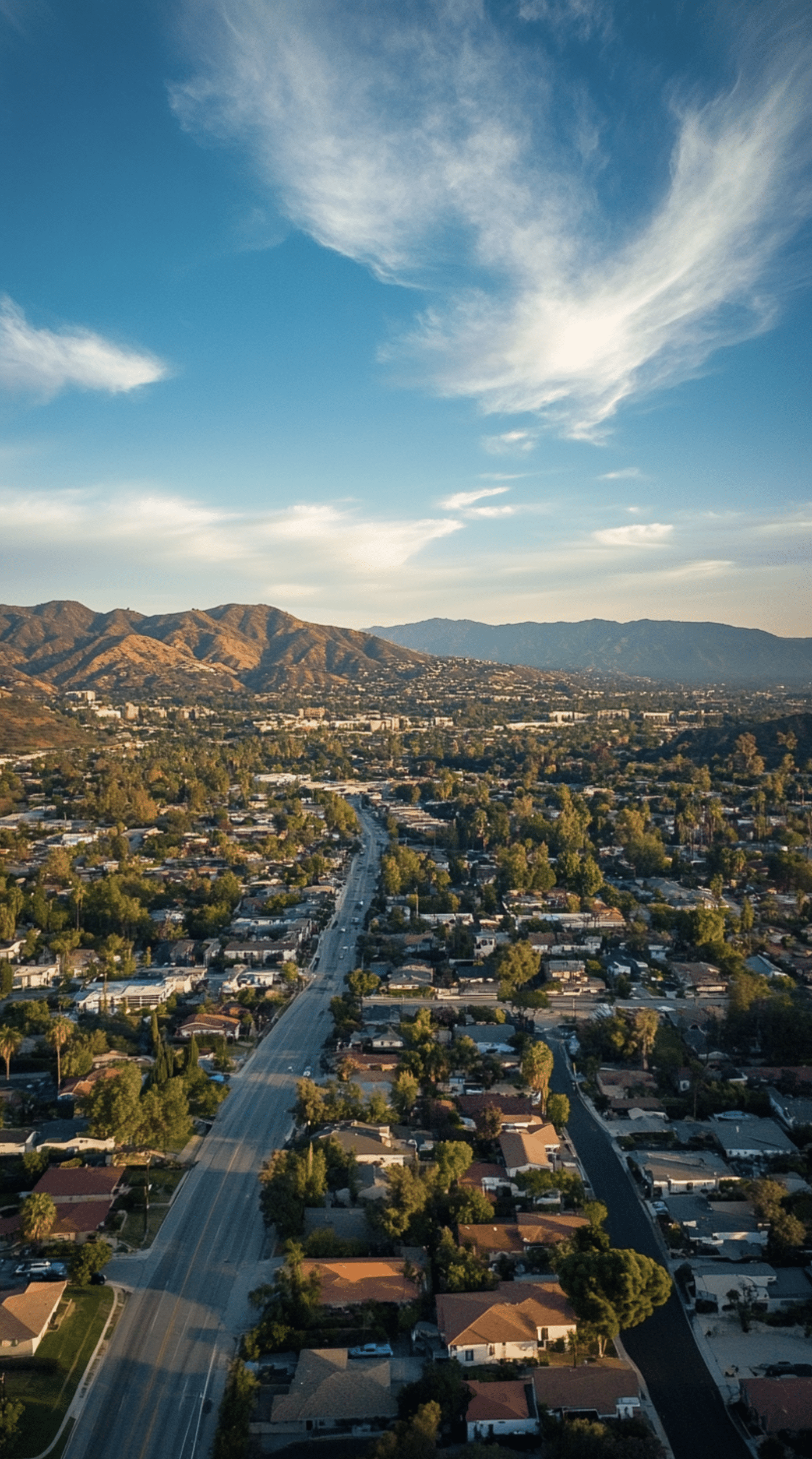 Aerial view of Burbank neighborhoods with the Verdugo Mountains in the background.